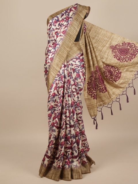 

Pothys Cream-Coloured & Maroon Floral Jute Silk Saree