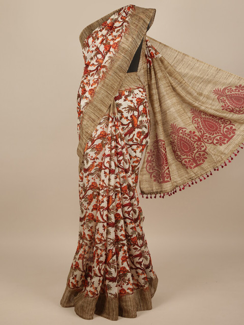 

Pothys Cream-Coloured & Red Floral Jute Silk Saree
