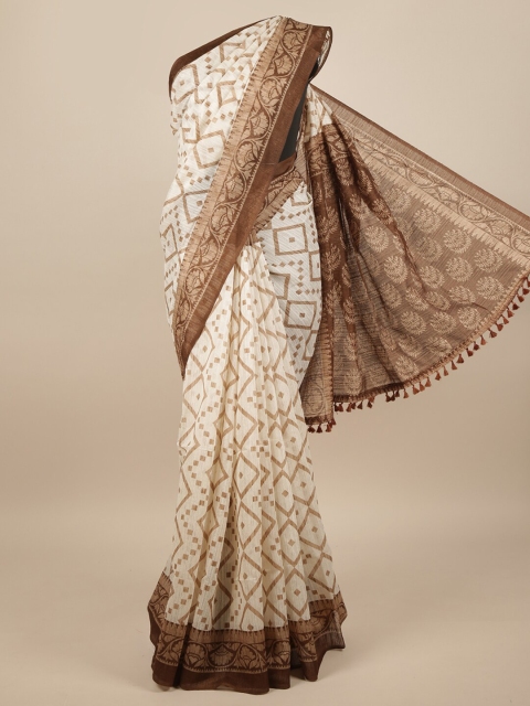 

Pothys Off White & Brown Ethnic Motifs Jute Silk Saree