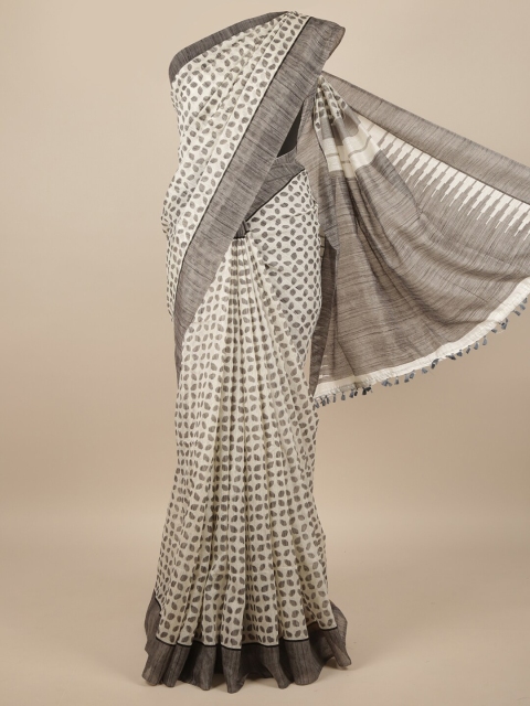 

Pothys Off White & Grey Floral Jute Silk Saree