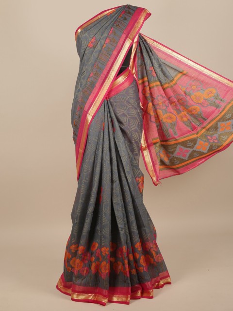 

Pothys Grey & Pink Floral Zari Saree