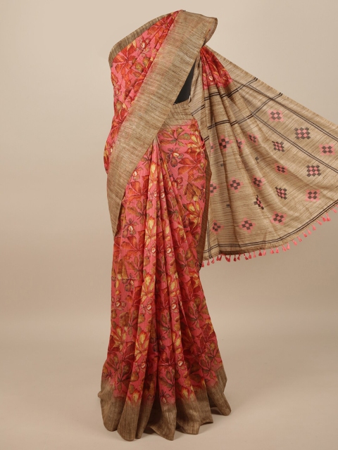 

Pothys Pink & Red Floral Jute Silk Saree