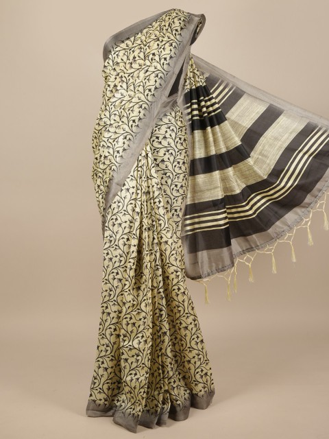 

Pothys Cream-Coloured & Black Ethnic Motifs Jute Silk Saree