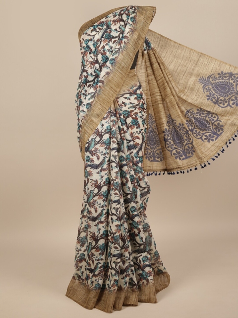 

Pothys Cream-Coloured & Blue Floral Jute Silk Saree