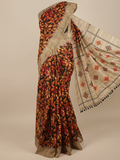 

Pothys Black & Orange Floral Jute Silk Saree
