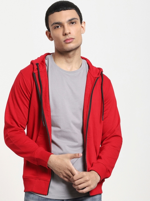 

Bewakoof Men Red Hooded Front Open Sweatshirt