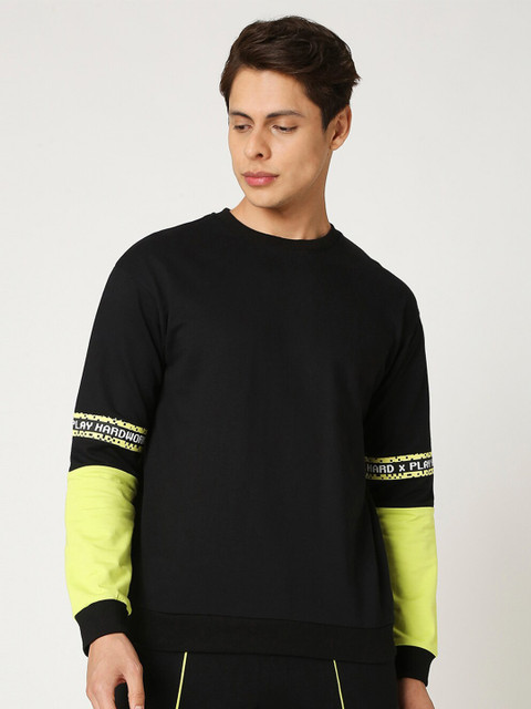

Bewakoof Men Black & Lime Green Colourblocked Pullover
