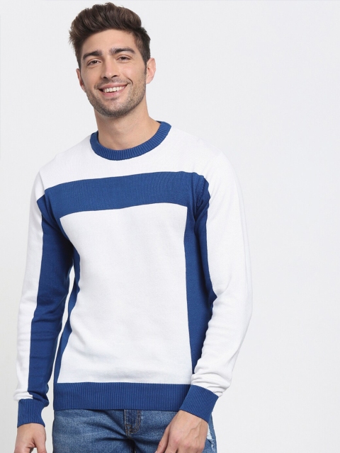 

Bewakoof Men White & Blue Colourblocked Pullover
