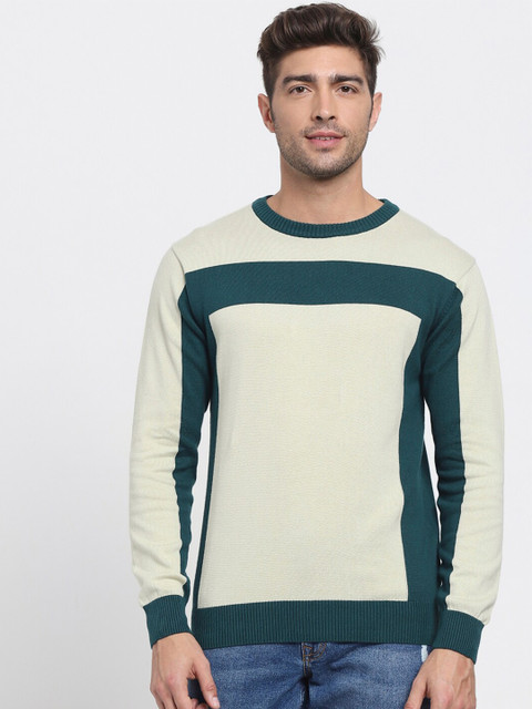 

Bewakoof Men Grey & Teal Colourblocked Striped Pullover