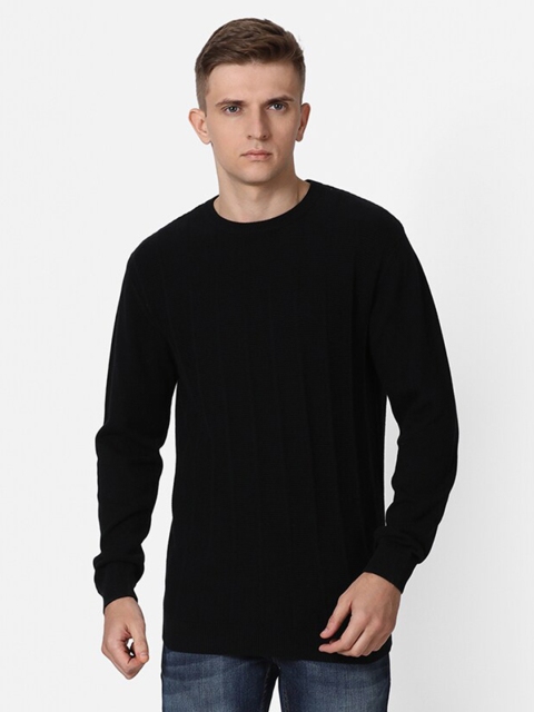 

t-base Men Black Striped Ribbed Pure Cotton Pullover