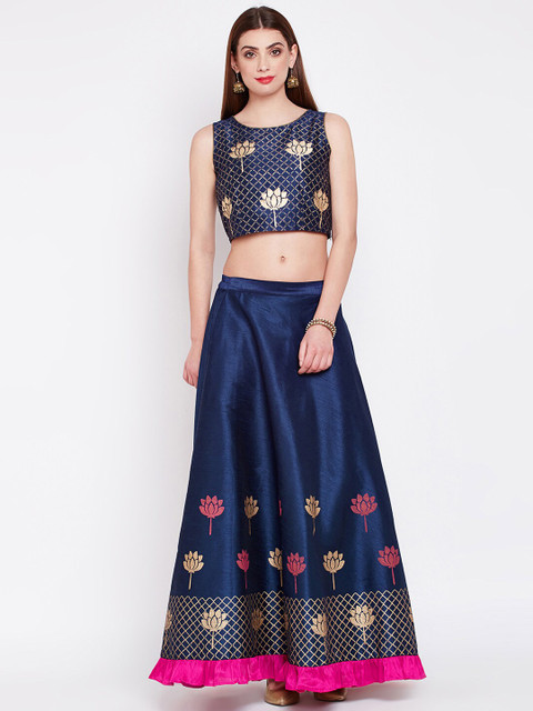 

studio rasa Women Navy Blue & Pink Ready to Wear Printed Lehenga with Blouse