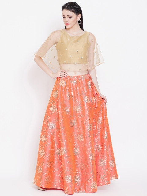 

studio rasa Women Coral & Gold-Toned Ready to Wear Embellished Lehenga with Blouse