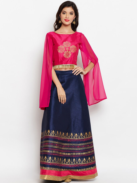 

studio rasa Women Navy Blue & Pink Ready to Wear Printed Lehenga with Blouse