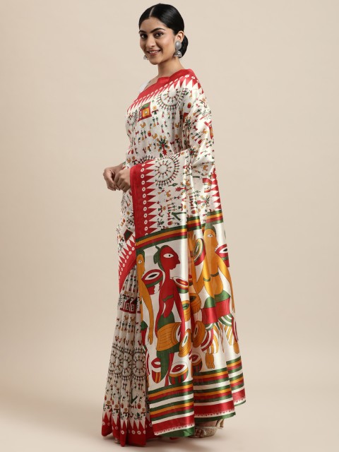 

KALINI White & Multicoloured Warli Art Silk Saree