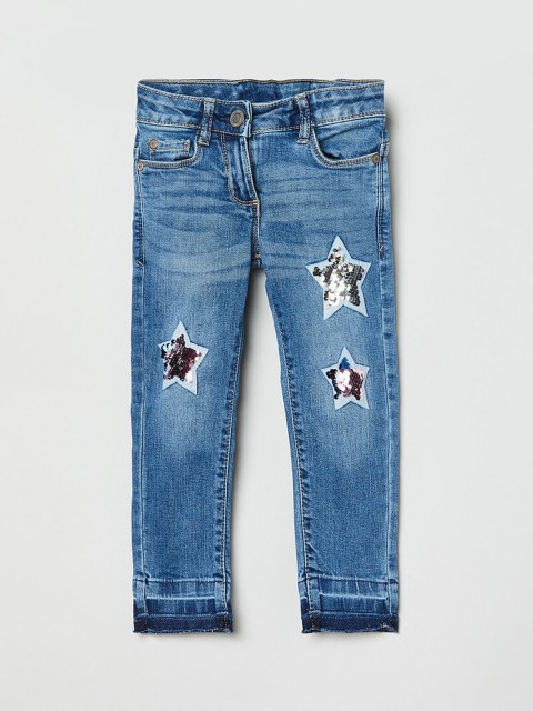 

max Girls Blue Slim Fit Mildly Distressed Light Fade Sequined Jeans
