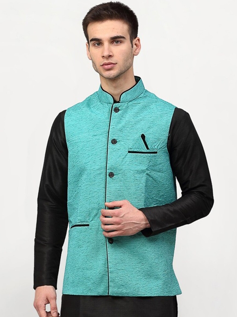 

Jompers Men Turquoise Blue Woven Design Nehru Jacket