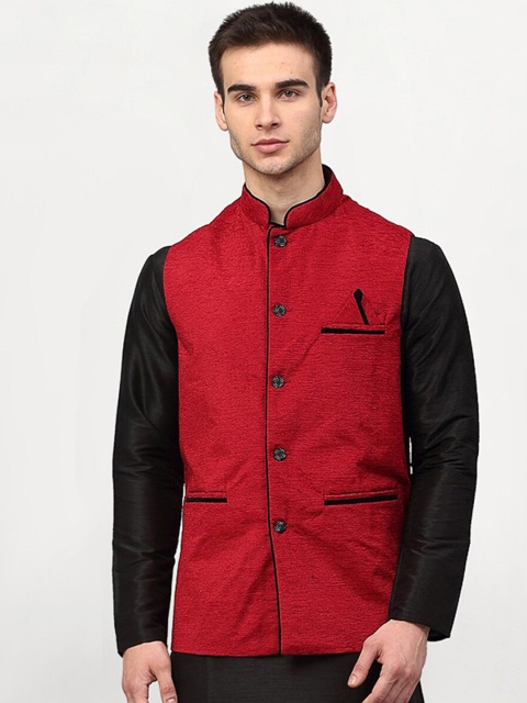 

Jompers Men Red Woven Design Nehru Jacket