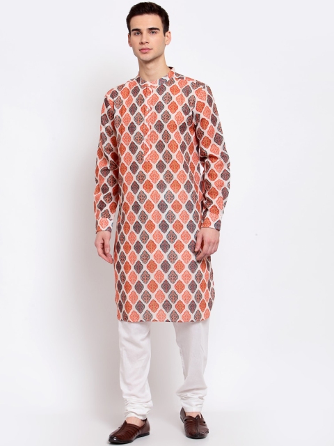 

Style Quotient Men White & Pink Geometric Checked Thread Work Kurta