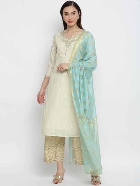

IMARA Women Off White Ethnic Motifs Layered Chanderi Cotton Kurti with Trousers & With Dupatta