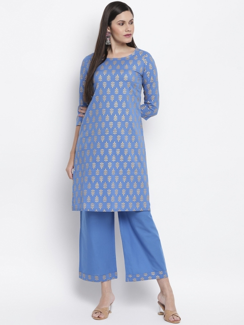 

IMARA Women Blue Ethnic Motifs Printed Regular Pure Cotton Kurti with Palazzos