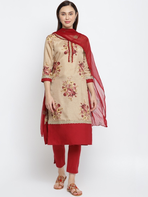 

IMARA Women Beige Floral Printed Layered Kurti with Trousers