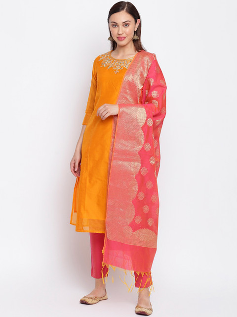 

IMARA Women Mustard Yellow Yoke Design Empire Kurti with Trousers & With Dupatta