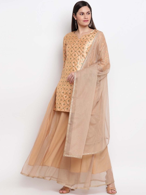 

IMARA Women Peach Floral Embroidered Chanderi Cotton Kurta with Palazzos & With Dupatta