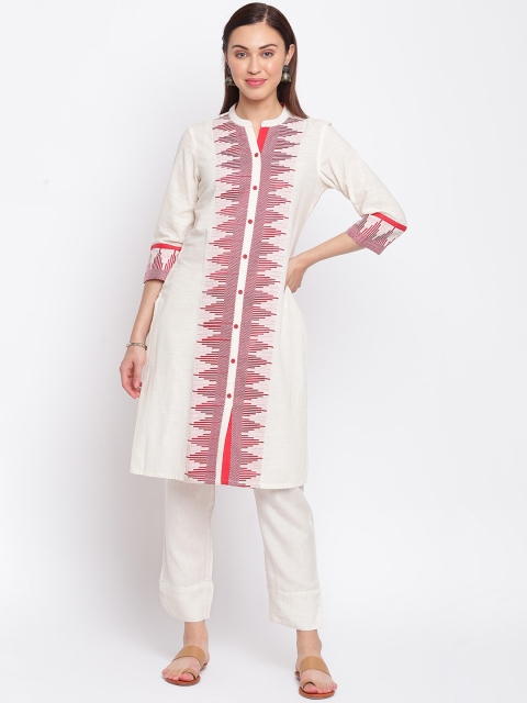 

IMARA Women Off White Ethnic Motifs Printed Regular Pure Cotton Kurti with Trousers