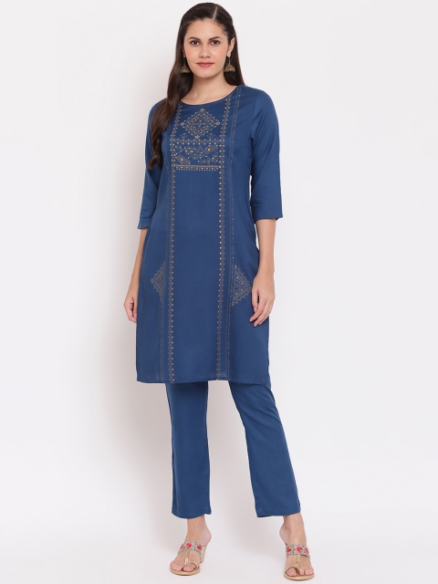 

IMARA Women Blue Ethnic Motifs Embroidered Regular Liva Kurti with Trousers