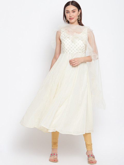 

IMARA Women Off White Ethnic Motifs Embroidered Regular Kurta with Churidar & With Dupatta