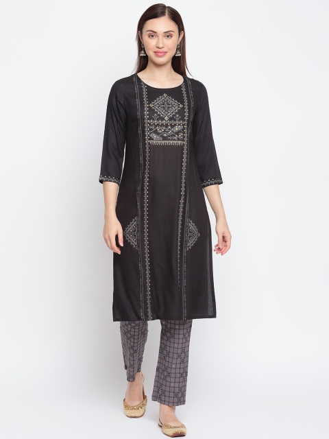 

IMARA Women Black Ethnic Motifs Printed Regular Liva Kurti with Trousers