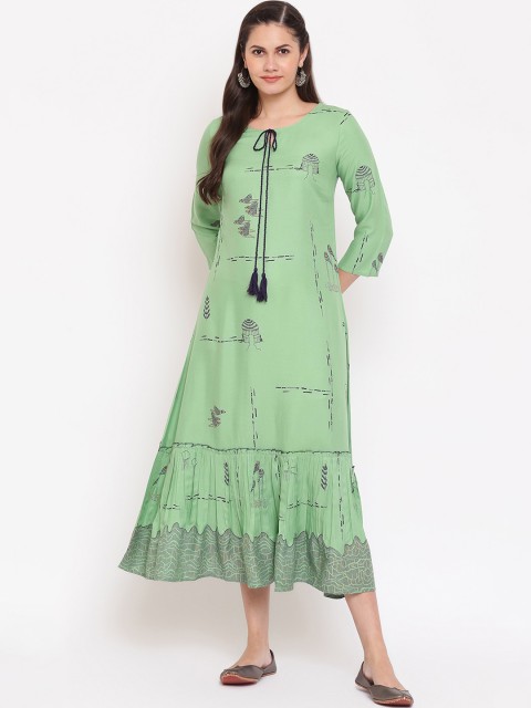 

IMARA Green Ethnic Motifs Ethnic Liva A-Line Dress