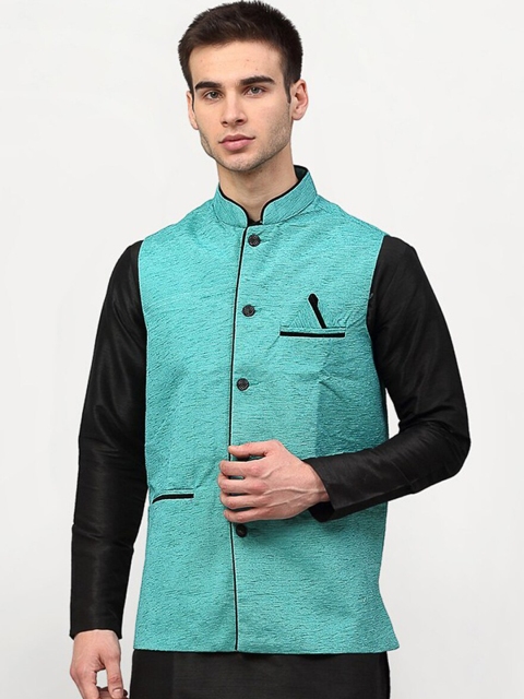 

Jompers Men Blue Woven Design Waistcoat, Turquoise blue