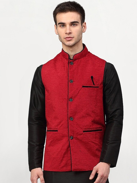 

Jompers Men Red Woven Design Waistcoat