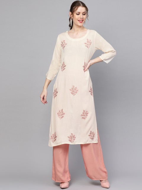 

ZOEYAMS Women Cream-Coloured Floral Embroidered Kurta
