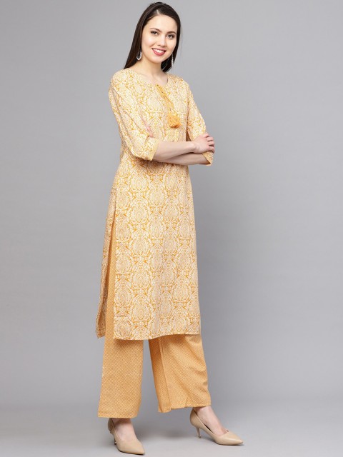 

ZOEYAMS Women Yellow Cotton Printed Straight Kurta