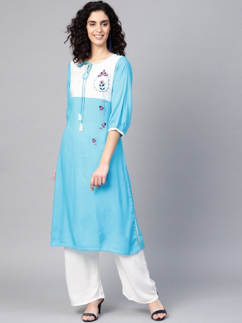 

ZOEYAMS Women White & Blue Colourblocked Keyhole Neck Thread Work Kurta