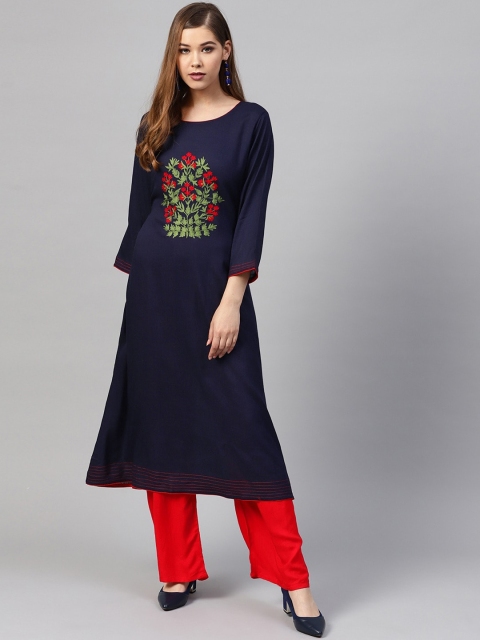 

ZOEYAMS Women Navy Blue Floral Embroidered Kurta