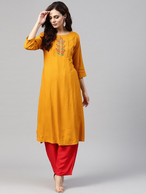 

ZOEYAMS Women Mustard Yellow Embroidered Rayon Kurta