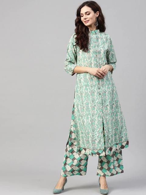 

ZOEYAMS Women Green & White Floral Printed Cotton Kurta