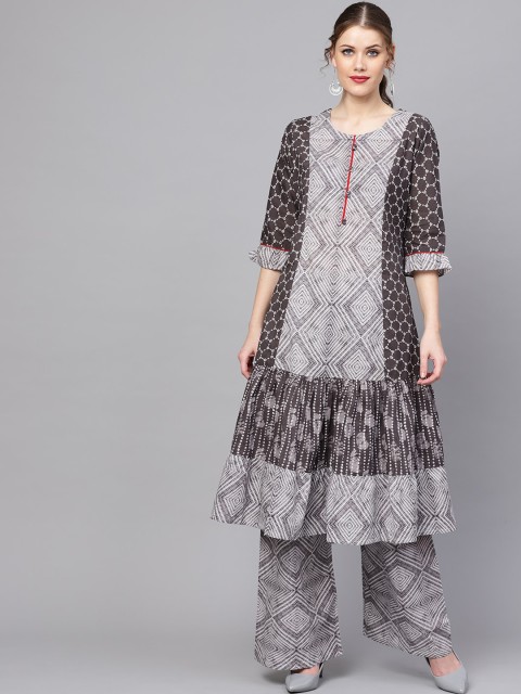 

ZOEYAMS Women Grey Geometric Printed Cotton Anarkali Kurta