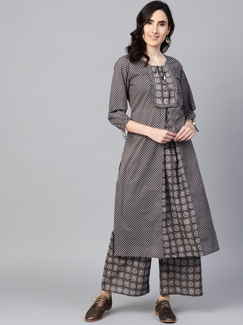 

ZOEYAMS Women Grey Cotton Printed Straight Kurta