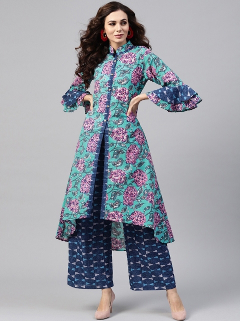

ZOEYAMS Women Blue Floral Printed Bell Sleeves Kurta