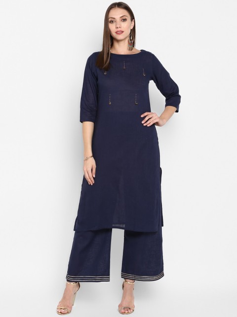 

ZOEYAMS Women Navy Blue Cotton Slub Kurta