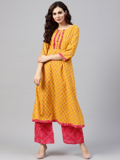 

ZOEYAMS Women Yellow Ethnic Motifs Printed Thread Work Kurta