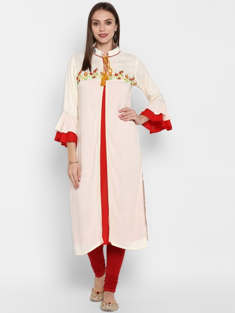 

ZOEYAMS Women Off White & Red Floral Embroidered Kurta