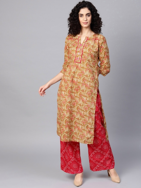 

ZOEYAMS Women Beige Floral Printed Keyhole Neck Thread Work Kurta