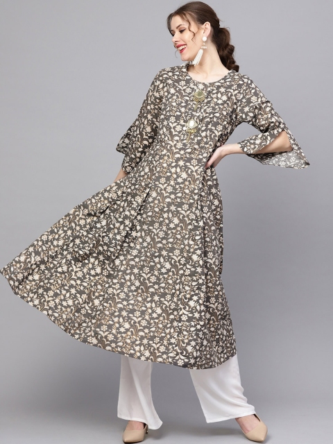 

ZOEYAMS Women Grey Floral Printed Bell Sleeves Anarkali Kurta