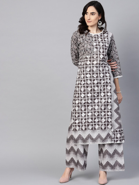 

ZOEYAMS Women Grey & White Floral Printed Pure Cotton Kurta