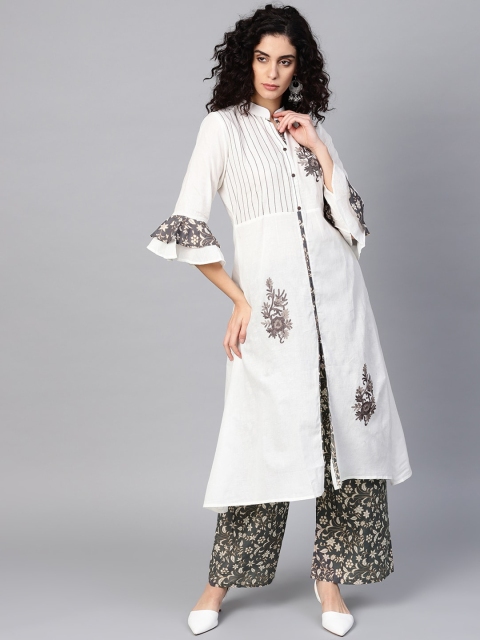 

ZOEYAMS Women Off White Floral Embroidered Cotton Bell Sleeves Kurta